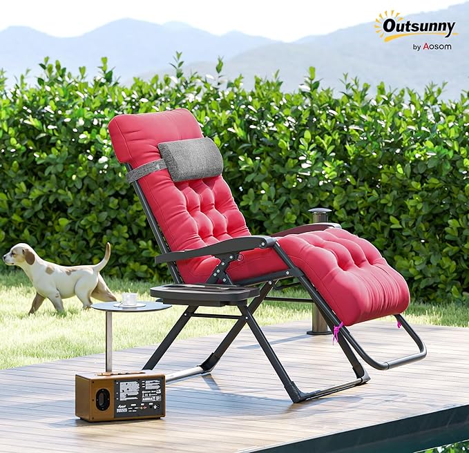 Outsunny Zero Gravity Chair, Folding Reclining Lounge Chair with Padded Cushion and Side Tray for Indoor or Outdoor Use, Supports 264 lbs, Red
