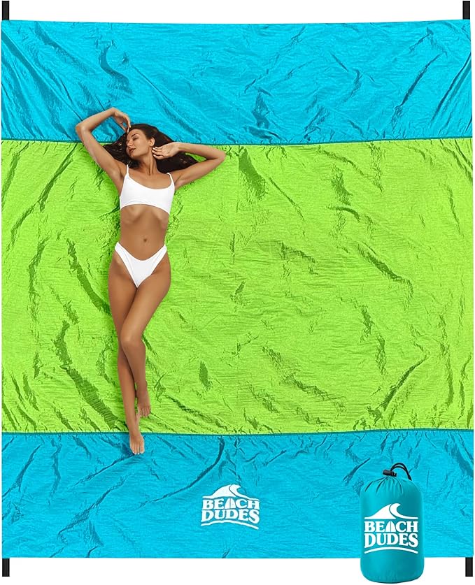 "Green Spirit Oversized Beach Blanket - 108"x84" XL Sandproof Water-Resistant Picnic Mat | Lightweight Ripstop Nylon for Travel & Camping | Includes 4 Stakes and Carry Bag