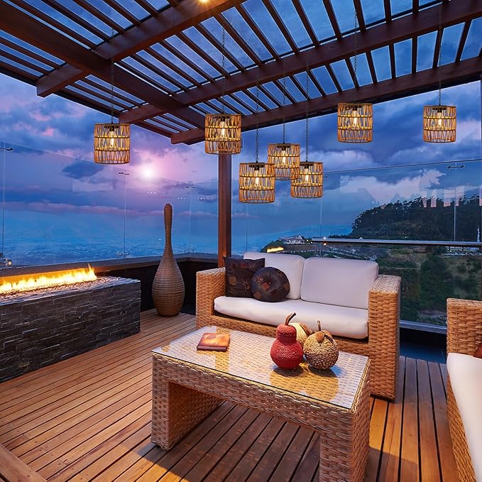 Livinlarge Solar Chandelier Lantern,Outdoor Rattan Pendant Lights,Waterproof Boho Hanging Lamps with Edison Bulb for Gazebo Tree Porch Yard Porch Patio Garden Backyard Decor