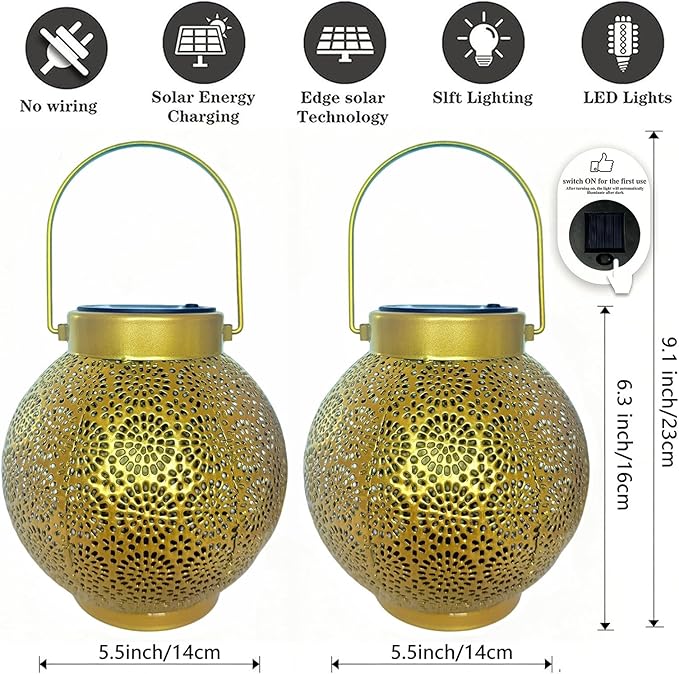 Solar Lanterns Outdoor Hanging 2 Pack, Waterproof Metal Garden Lights with Polka Dot Cutout Design, Dusk to Dawn Auto On/Off LED Decorative Lamp for Patio Porch Yard Tabletop, Shiny Gold