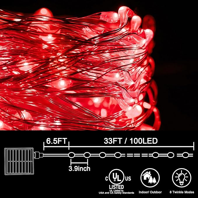 kemooie 2 Packs Solar Fairy Lights, Total 200 LED 66FT 8 Twinkle Modes Solar Red Valentines Day Lights, Waterproof for Outdoor, Tree, Garden, Christmas, Valentine's Day Decorations (Red)
