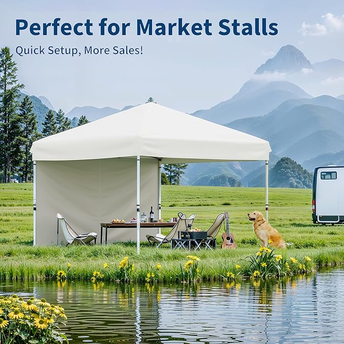 Garvee 10x10 Pop Up Canopy Tent with 1 Removable Sidewall, Heavy Duty Commercial Instant Shelter with One-Person Setup, UPF 50+ Waterproof, 100 Sq Ft Shade for Outdoor Events, Camping, Farmers Market
