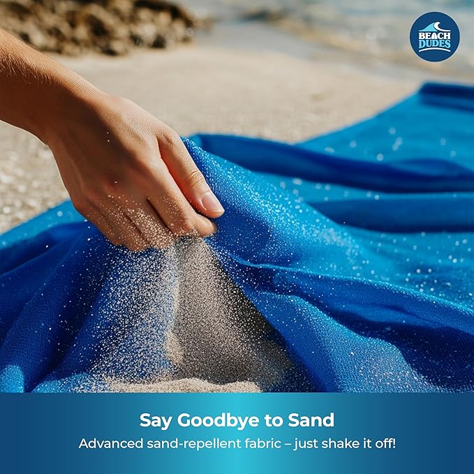 "Blue Waves Oversized Beach Blanket - 108"x84" XL Sandproof Water-Resistant Picnic Mat | Lightweight Ripstop Nylon for Travel & Camping | Includes 4 Stakes and Carry Bag