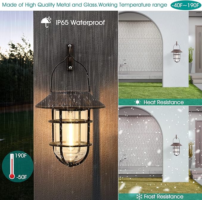 Upgrade Hanging Solar Outdoor Lights With Wall Mount Kit - Waterproof Lanterns for Garden, Patio, Porch, Fence Decor - 2 Pack, Bronze