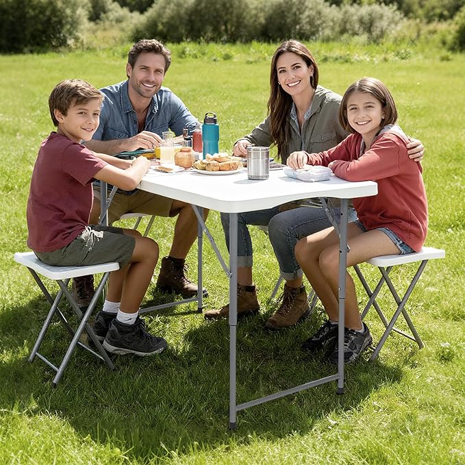 Folding Table 4 Foot Portable Heavy Duty Plastic Fold-in-Half Utility Table Small Indoor Outdoor Adjustable Height with Carrying Handle for Camping and Party, White