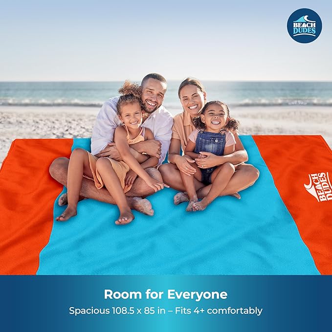 "Sunset Oversized Beach Blanket - 108"x84" XL Sandproof Water-Resistant Picnic Mat | Lightweight Ripstop Nylon for Travel & Camping | Includes 4 Stakes and Carry Bag