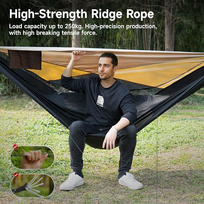Camping Hammock with Mosquito Net and Sunshade, Backpacking Hammock with Ridge Rope Tree Straps, Lightweight Portable Hammocks for Outside, Hiking, and Travel