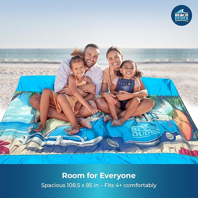 "Beach Vibes Oversized Beach Blanket - 108"x84" XL Sandproof Water-Resistant Picnic Mat | Lightweight Ripstop Nylon for Travel & Camping | Includes 4 Stakes and Carry Bag