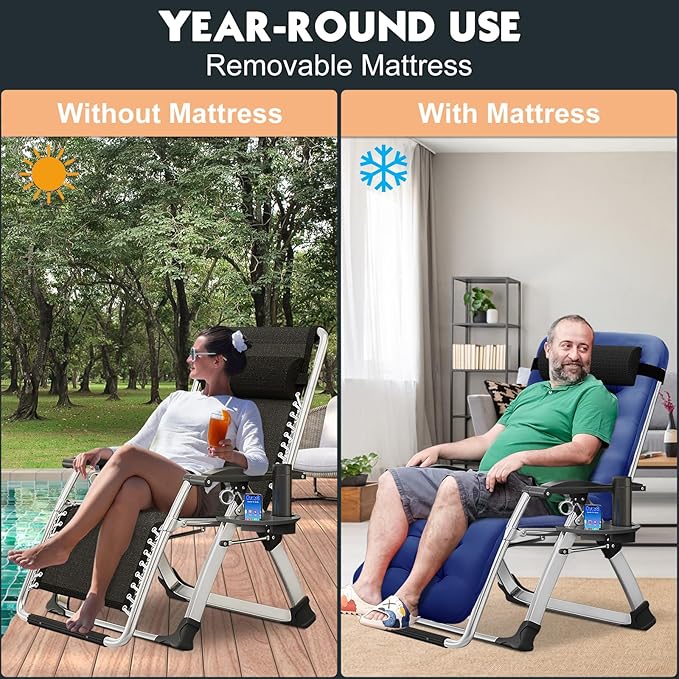 MOPHOTO Zero Gravity Chair, Outdoor Padded Lounge Chair with Side Table, Zero Gravity Recliner Chair, Outdoor Reclining Chair, Sturdy & Comfortable, Supports up to 440lbs