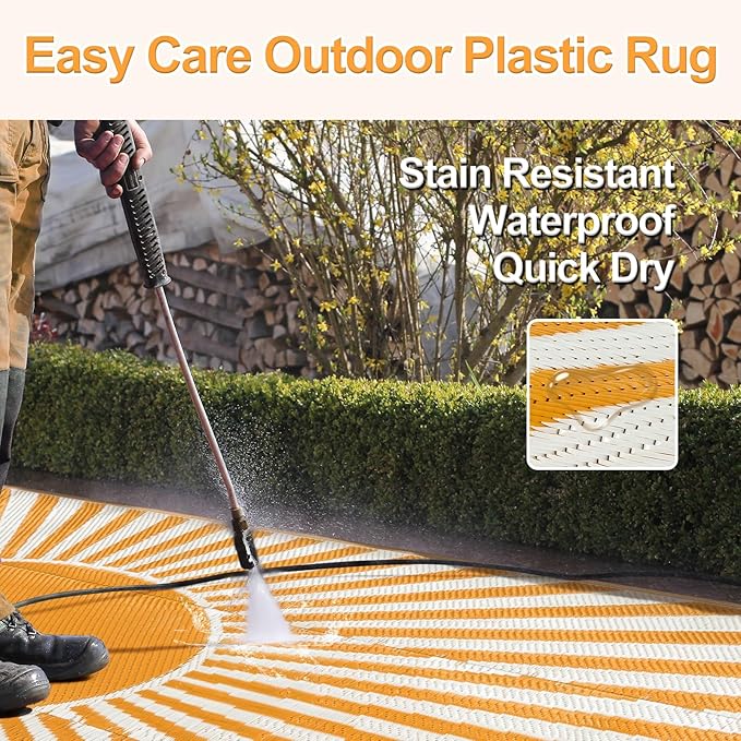 Wonnitar 9x12 Waterproof Outdoor Rug - Outdoor Plastic Straw Rug for Patio Clearance, Outside Extra Large RV Camping Carpet, Portable Deck Mat for Garden Balcony Beach (Orange, 9'x12')