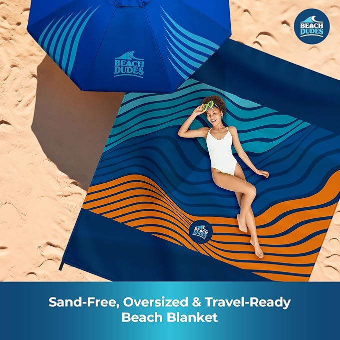 "Blue Waves Oversized Beach Blanket - 108"x84" XL Sandproof Water-Resistant Picnic Mat | Lightweight Ripstop Nylon for Travel & Camping | Includes 4 Stakes and Carry Bag