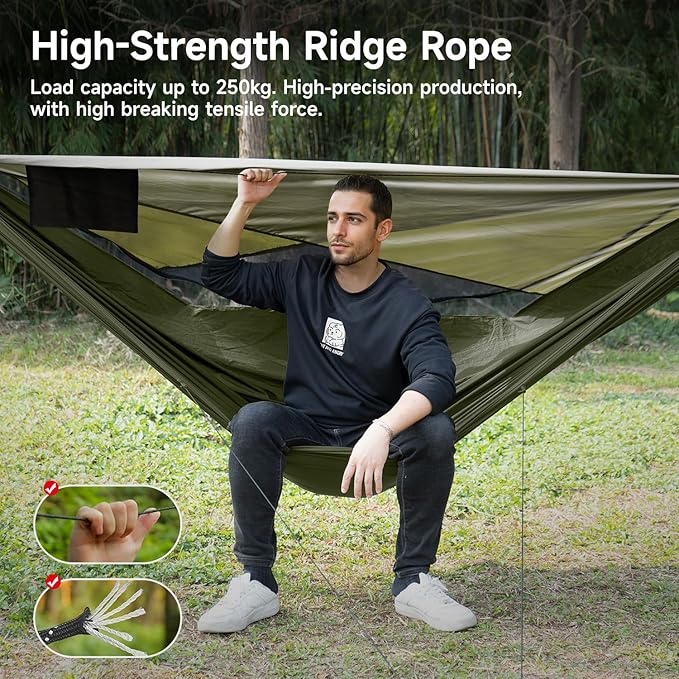 Camping Hammock with Mosquito Net and Sunshade, Backpacking Hammock with Ridge Rope Tree Straps, Lightweight Portable Hammocks for Outside, Hiking, and Travel