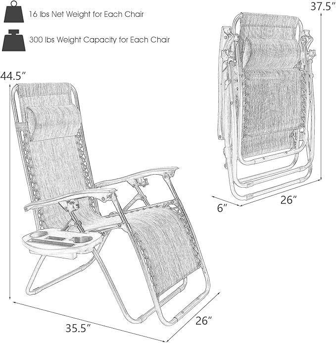 Folding Zero Gravity Reclining Textilene Lounge Chairs, Outdoor Adjustable Patio w/Pillows & Cup Holder Trays for Backyard, Beach, Poolside (GR)
