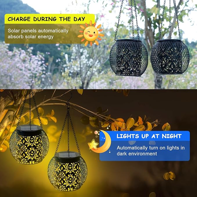 Solar Lanterns Outdoor Waterproof, 2 Pack Hanging Solar Lights Outside Garden Decor, Gifts for Women Mom Grandma Metal Decorative Lantern for Patio Yard Porch Balcony Backyard Lawn