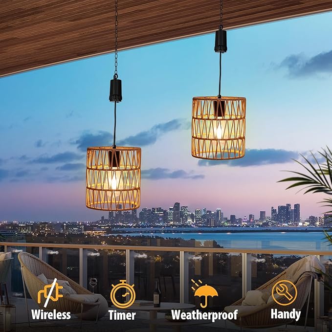 Livinlarge Battery Operated Chandelier,Hanging Rattan Pendant Lights with Timer,Gazebo Lights with Warm White Bulb,4*AA Battery Powered,for Pergola Porch Patio Outdoor Indoor Backyard Decor