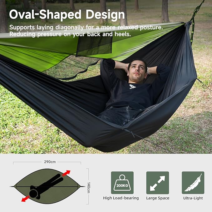 Camping Hammock with Mosquito Net and Sunshade, Backpacking Hammock with Ridge Rope Tree Straps, Lightweight Portable Hammocks for Outside, Hiking, and Travel