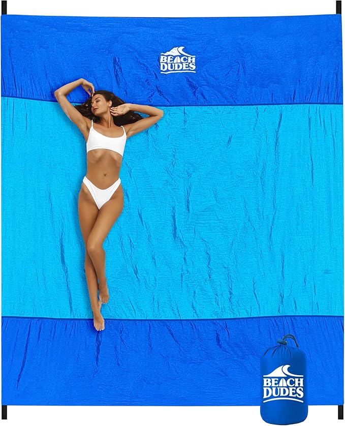 "Dudes Blue Oversized Beach Blanket - 108"x84" XL Sandproof Water-Resistant Picnic Mat | Lightweight Ripstop Nylon for Travel & Camping | Includes 4 Stakes and Carry Bag