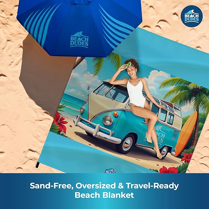 "Beach Vibes Oversized Beach Blanket - 108"x84" XL Sandproof Water-Resistant Picnic Mat | Lightweight Ripstop Nylon for Travel & Camping | Includes 4 Stakes and Carry Bag