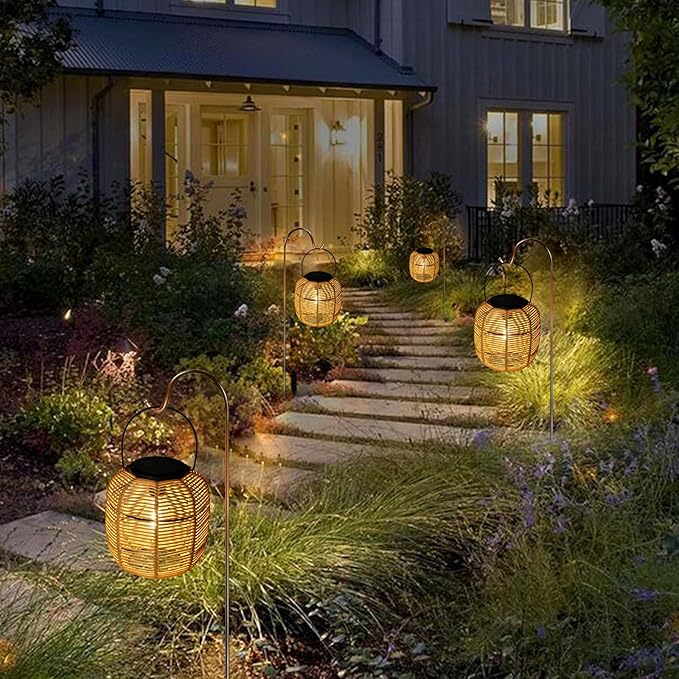 Hanging Solar Lanterns Outdoor Waterproof, 2 Pack Rattan Outdoor Lanterns, Outdoor Solar Hanging Lights, Lantern Lamp Decorations for Outside Yard Garden Pathway Porch Indoor Table Rattan Decor