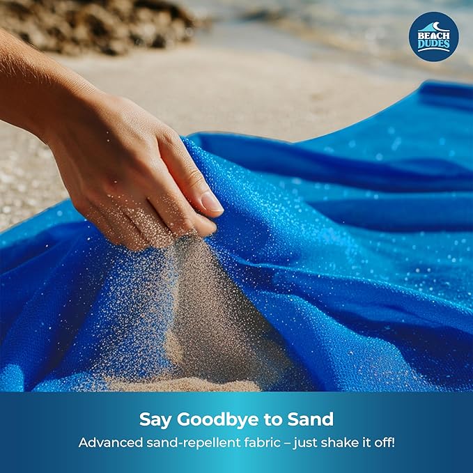 "Dudes Blue Oversized Beach Blanket - 108"x84" XL Sandproof Water-Resistant Picnic Mat | Lightweight Ripstop Nylon for Travel & Camping | Includes 4 Stakes and Carry Bag