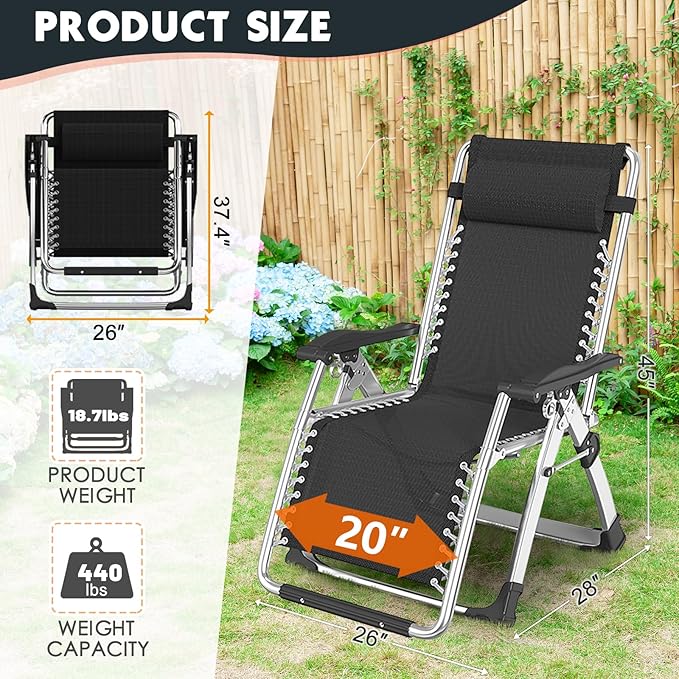 MOPHOTO Zero Gravity Chair, Outdoor Padded Lounge Chair with Side Table, Zero Gravity Recliner Chair, Outdoor Reclining Chair, Sturdy & Comfortable, Supports up to 440lbs