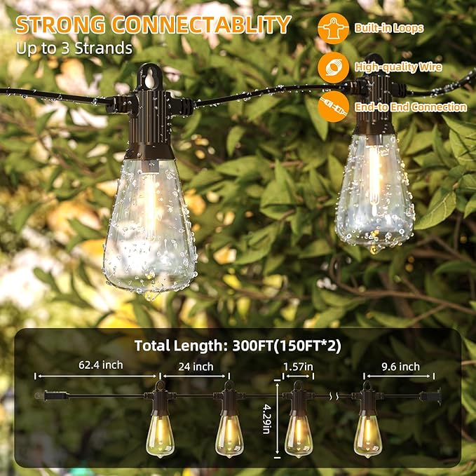FOOMAN LED Outdoor String Lights, 300FT Outside Waterproof Patio Lights with 146+3 Shatterproof ST38 Edison Bulbs, 2700K Warm White Hanging Light, Dimmable Light for Backyard Porch Gazebo(150FT x 2)