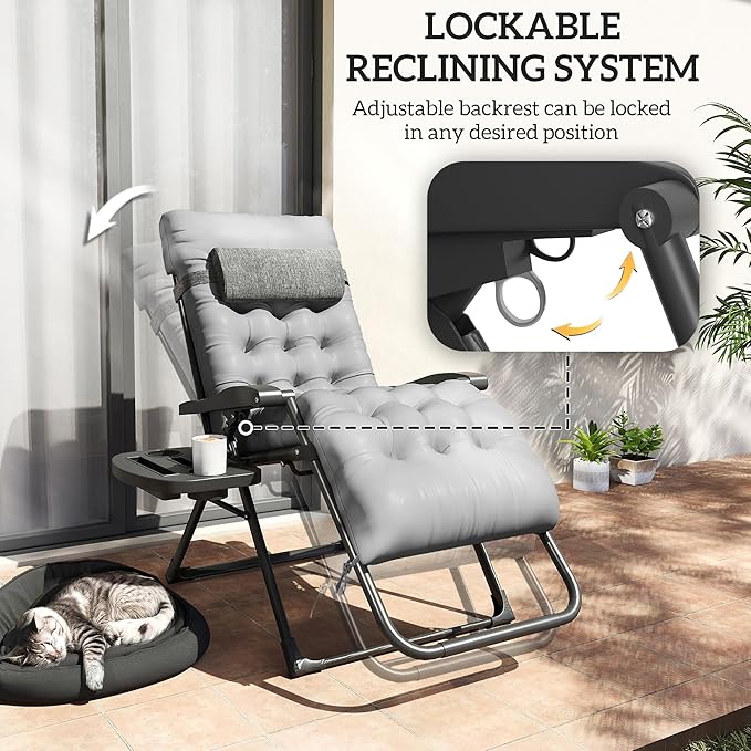 Outsunny Zero Gravity Chair, Folding Reclining Lounge Chair with Padded Cushion, Side Tray for Indoor and Outdoor, Supports up to 264 lbs, Gray