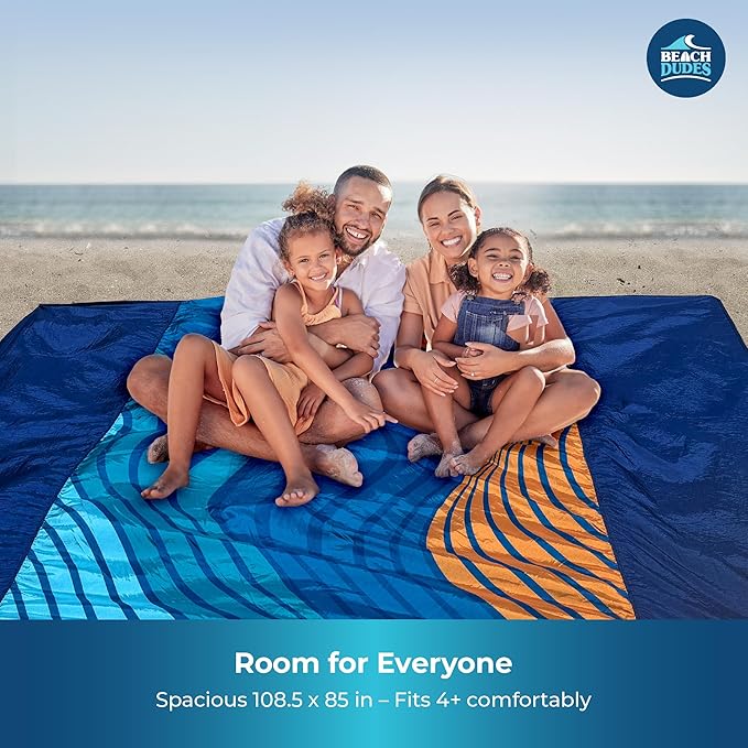 "Blue Waves Oversized Beach Blanket - 108"x84" XL Sandproof Water-Resistant Picnic Mat | Lightweight Ripstop Nylon for Travel & Camping | Includes 4 Stakes and Carry Bag