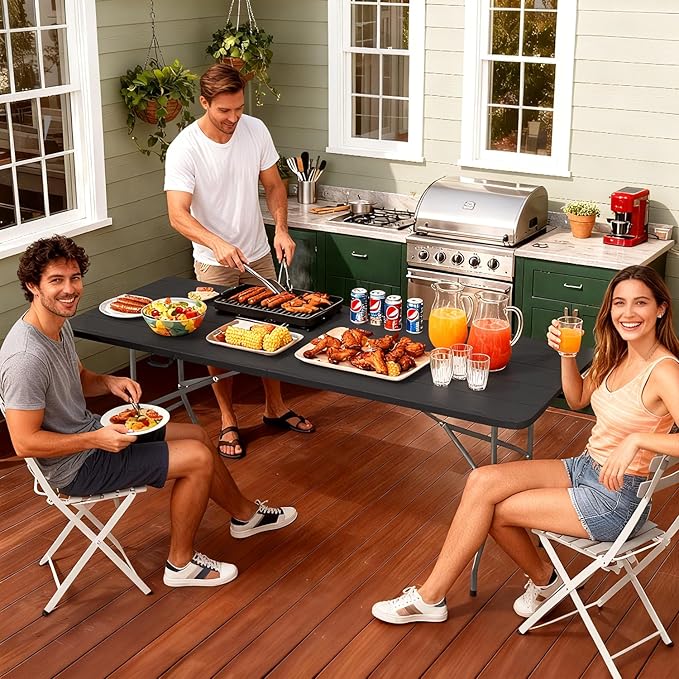 Folding Table 6 FT Heavy Duty Plastic Foldable Table with Carrying Handle for Camping Picnic BBQ Party Banquet Backyard, 353LBS Capacity (Black Wood Grain)