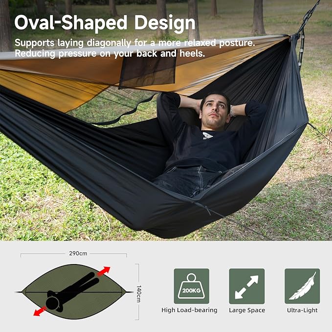 Camping Hammock with Mosquito Net and Sunshade, Backpacking Hammock with Ridge Rope Tree Straps, Lightweight Portable Hammocks for Outside, Hiking, and Travel