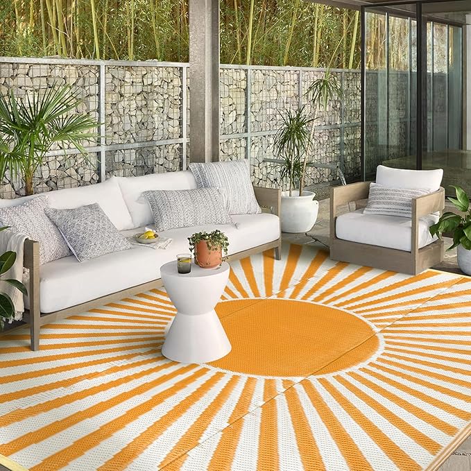 Wonnitar 9x12 Waterproof Outdoor Rug - Outdoor Plastic Straw Rug for Patio Clearance, Outside Extra Large RV Camping Carpet, Portable Deck Mat for Garden Balcony Beach (Orange, 9'x12')