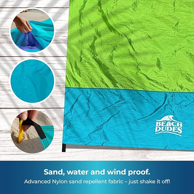 "Green Spirit Oversized Beach Blanket - 108"x84" XL Sandproof Water-Resistant Picnic Mat | Lightweight Ripstop Nylon for Travel & Camping | Includes 4 Stakes and Carry Bag