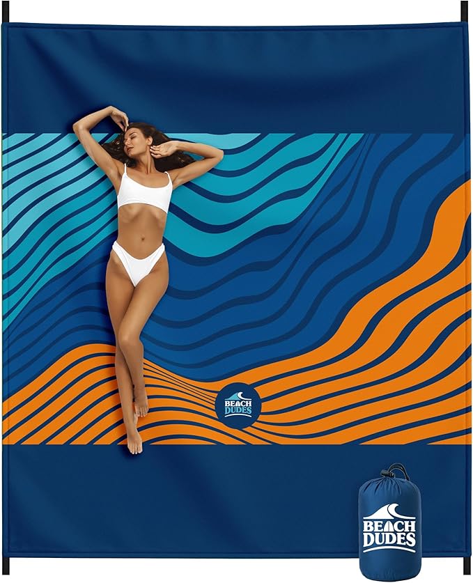 "Blue Waves Oversized Beach Blanket - 108"x84" XL Sandproof Water-Resistant Picnic Mat | Lightweight Ripstop Nylon for Travel & Camping | Includes 4 Stakes and Carry Bag