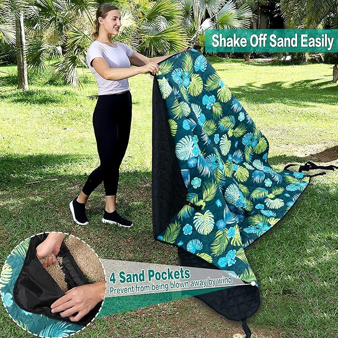 PY SUPER MODE Picnic Blankets Extra Large with Pergola, Green Flowers Waterproof Foldable Outdoor Beach Blanket Oversized 83x79” Sandproof, 3-Layer Picnic Mat for Camping, Hiking, Travel, Park